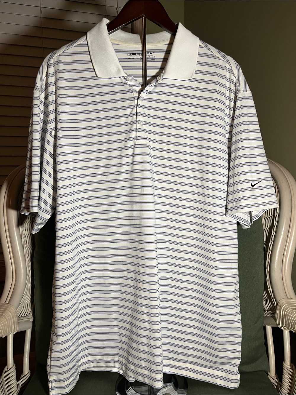 Nike Men’s Golf Dri Fit White Polo with Light Blue Stripes